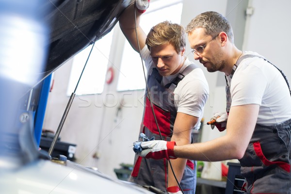 Two mechanics checking oil level in a car workshop Stock photo © Nejron