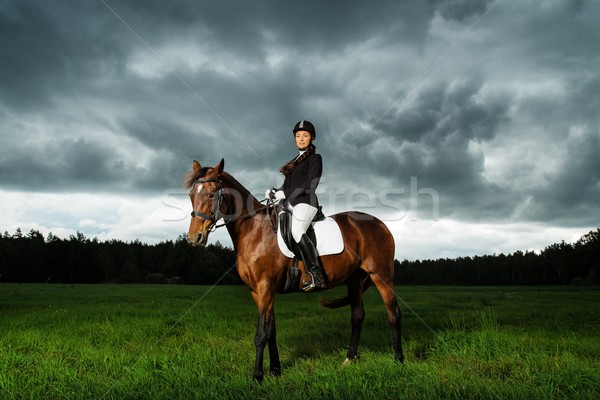 Beautiful girl sitting on a horse outdoors against moody sky Stock photo © Nejron