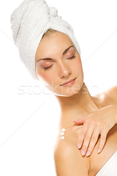 Fiatal hölgy jelentkezik hidratáló bőr zuhany Stock fotó © Nejron