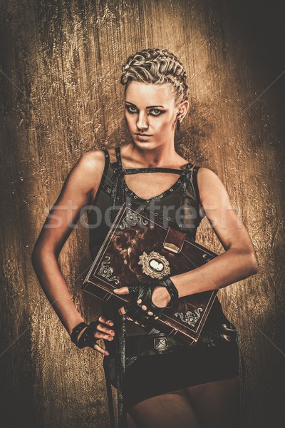 Steampunk kız kitap duvar endüstriyel okuma Stok fotoğraf © Nejron