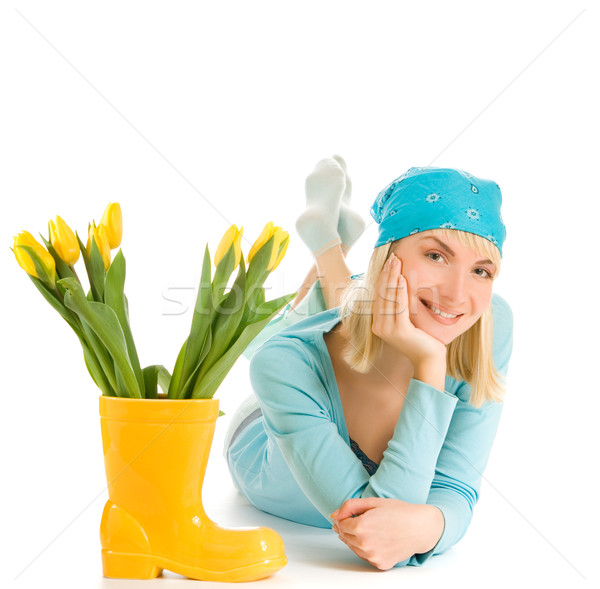 Beautiful teenage girl with yellow tulips isolated on white back Stock photo © Nejron