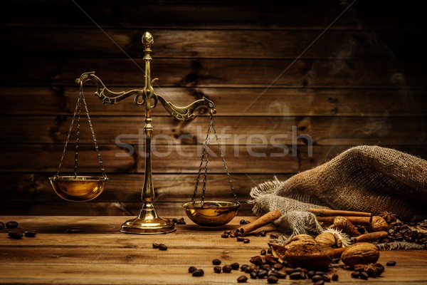 Coffee theme with brass scales still-life on wooden table  Stock photo © Nejron