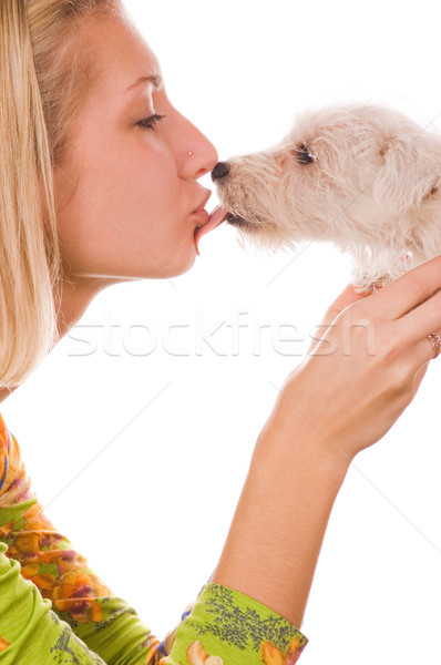 Sarışın kız tatlı köpek yavrusu gülümseme yüz Stok fotoğraf © Nejron