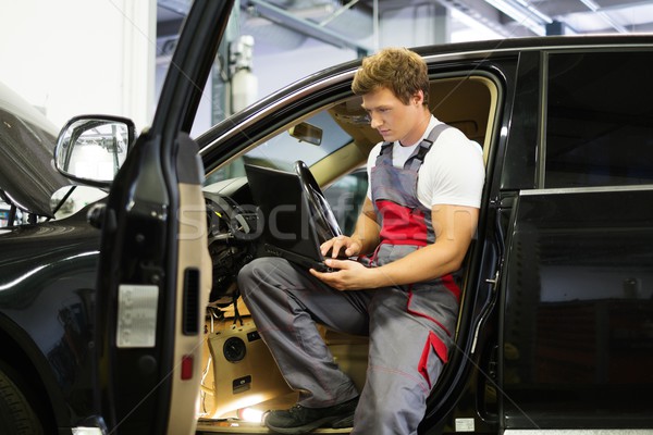 Serviceman making car diagnostics with laptop in a workshop Stock photo © Nejron