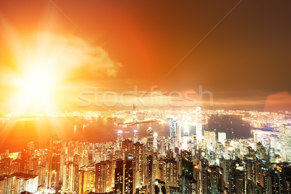 Foto stock: Hong · Kong · centro · de · la · ciudad · noche · construcción · fondo · edificios