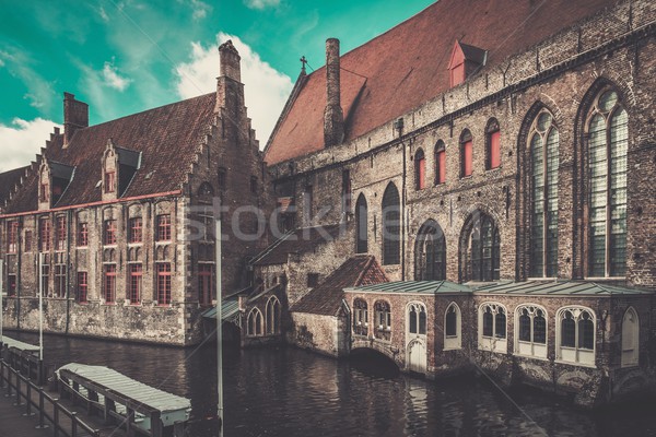 Foto stock: Casas · canal · Bélgica · edificio · ciudad · puesta · de · sol