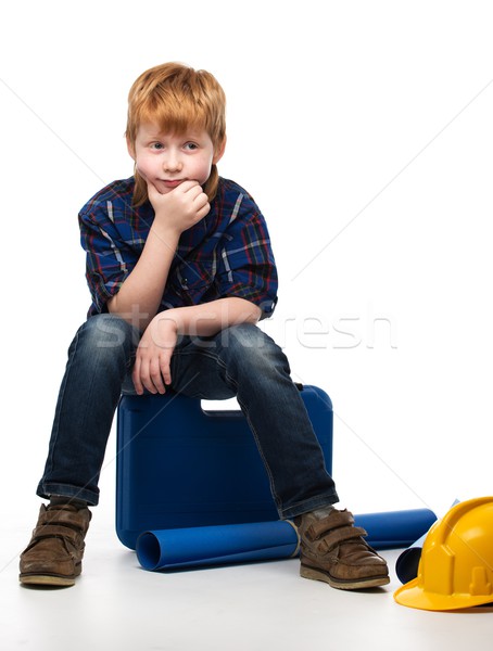 Vervelen weinig monteur jongen vergadering toolbox Stockfoto © Nejron