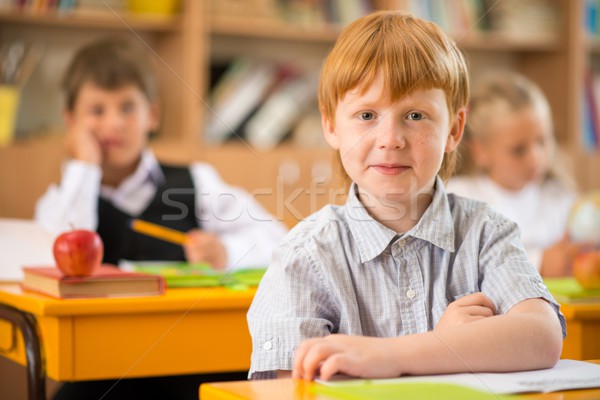 Stockfoto: Weinig · schooljongen · achter · school · bureau