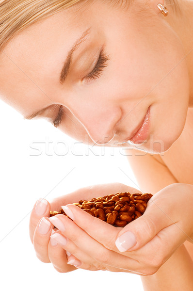 Stockfoto: Mooi · meisje · koffiebonen · glimlach · koffie · gelukkig