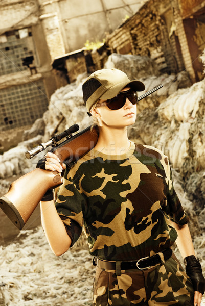 Beautiful woman soldier with a sniper rifle Stock photo © Nejron
