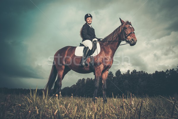Stock foto: Schöne · Mädchen · Sitzung · Pferd · Freien · launisch · Himmel