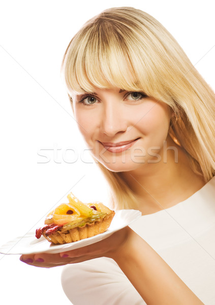 Mooie jonge vrouw fruitcake geïsoleerd witte meisje Stockfoto © Nejron