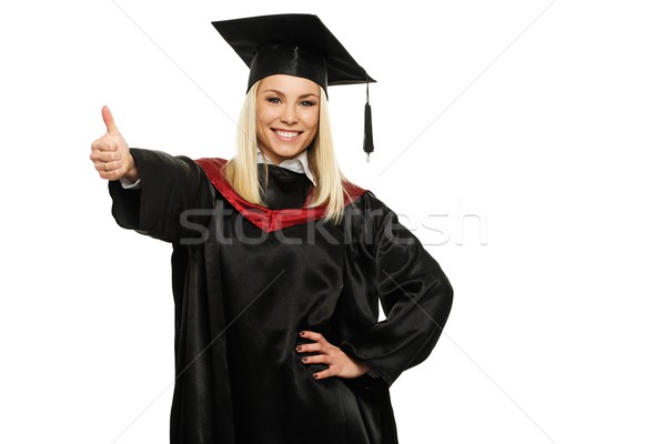 Foto stock: Feliz · estudante · menina · polegar · para · cima · isolado