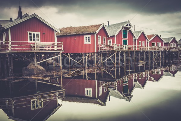 Hagyományos fából készült házak víz norvég falu Stock fotó © Nejron