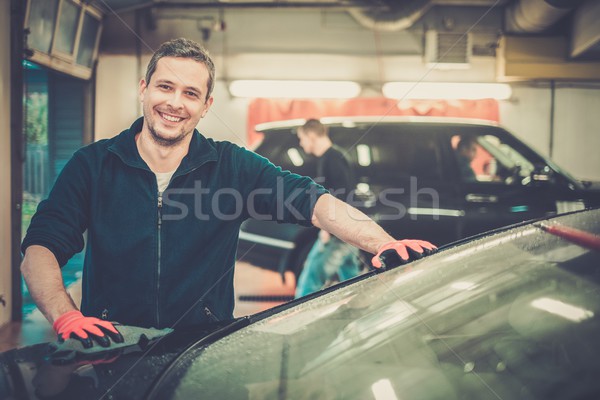 Vrolijk werknemer auto car wash business gelukkig Stockfoto © Nejron