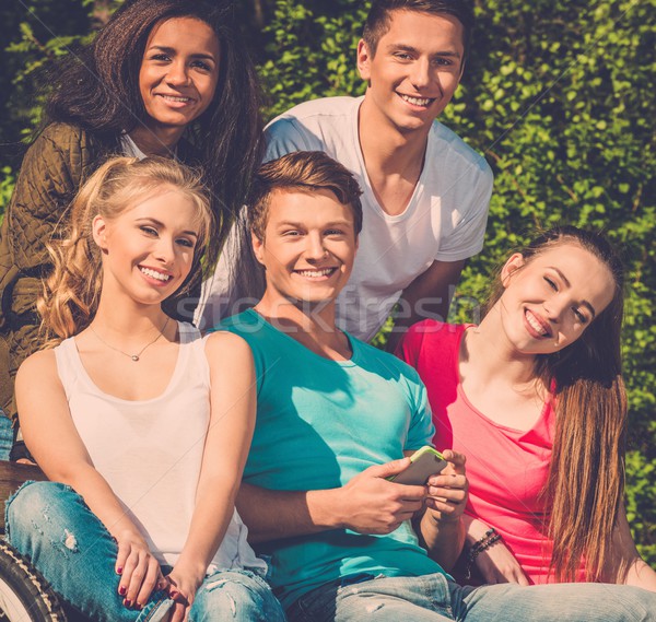 Vegyes nemzetiségű csoport tini barátok park nő telefon Stock fotó © Nejron