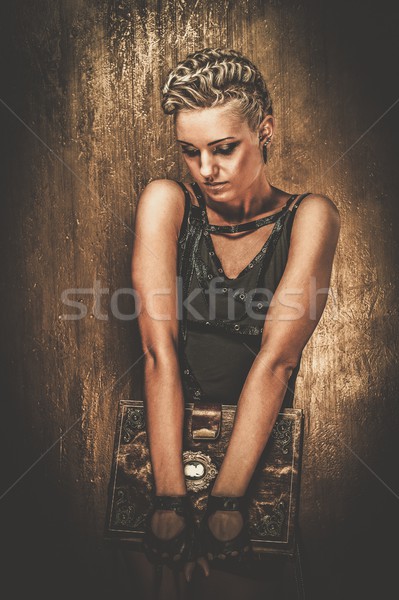 Steampunk kız kitap duvar endüstriyel okuma Stok fotoğraf © Nejron