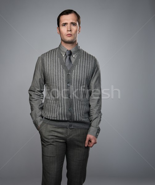 Stock fotó: Férfi · visel · szürke · mellény · nyakkendő · izolált