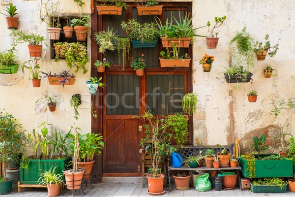 Stock photo: Building facade with lot of flower pots