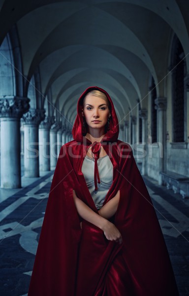 Gyönyörű nő piros köpeny szabadtér divat modell Stock fotó © Nejron