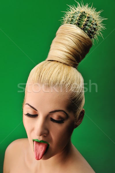 Frau Kaktus Haar Mädchen Gesicht Mode Stock foto © Nejron