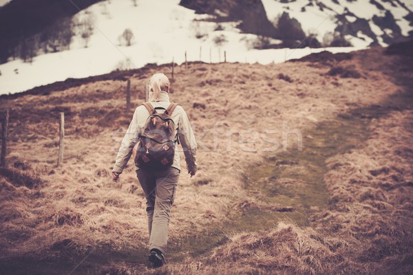 Young woman hiker with rucksack  walking in mountains Stock photo © Nejron