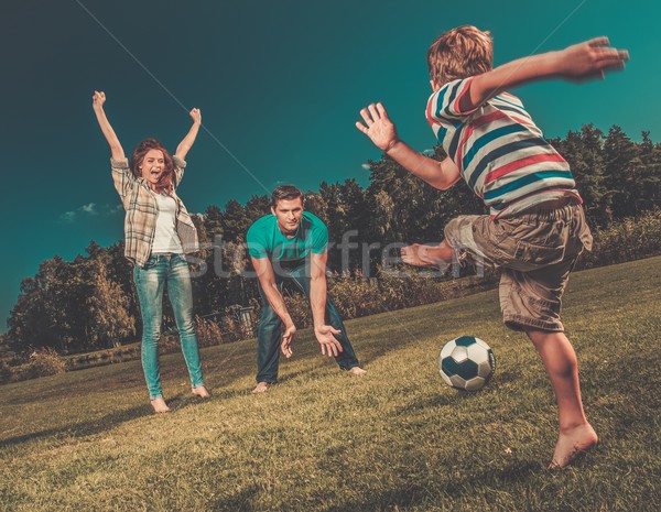 商业照片: 快乐 · 年轻 · 家庭 · 播放 · 足球 · 户外活动