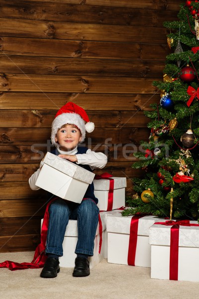 Stockfoto: Weinig · jongen · hoed · geschenkdoos · kerstboom