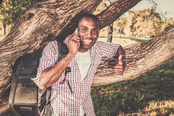 Foto stock: Jovem · africano · americano · homem · telefone · móvel · parque · árvore