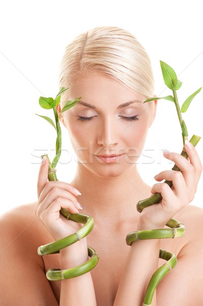 Stockfoto: Mooie · vrouw · bamboe · plant · vrouw · meisje · handen