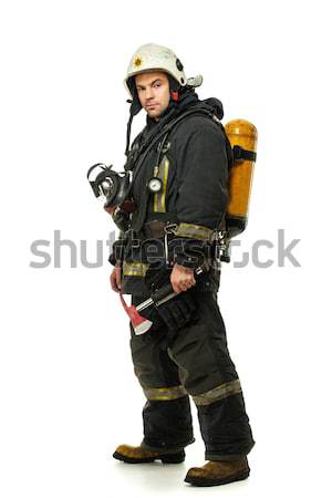 Firefighter with axe and oxygen balloon isolated on white  Stock photo © Nejron