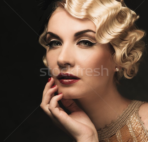 Elegant blond retro woman  in golden dress with beautiful hairdo and red lipstick Stock photo © Nejron