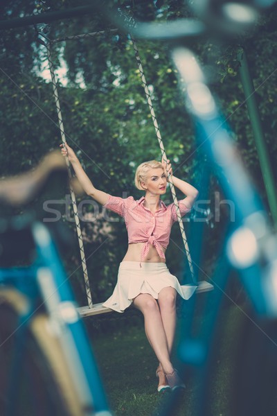 Belle blond rétro femme séance extérieur [[stock_photo]] © Nejron