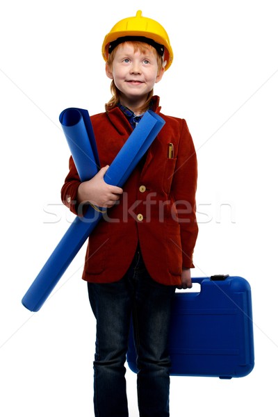 Kicsi fiú tervek szerszámosláda játszik mérnök Stock fotó © Nejron