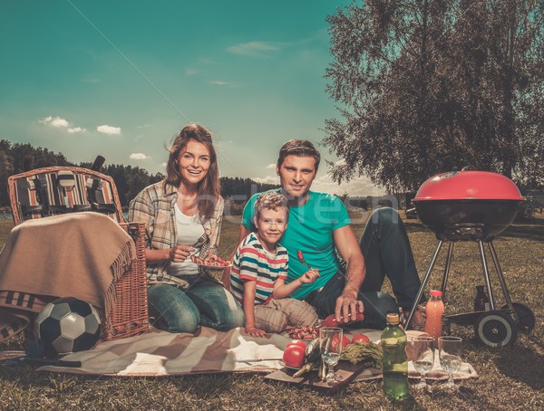 Foto stock: Jovem · família · piquenique · ao · ar · livre · feliz · criança