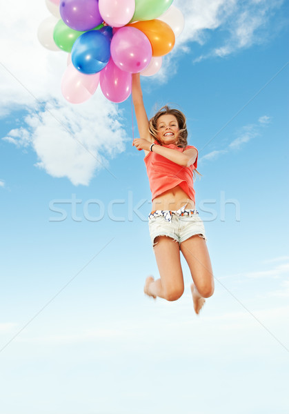 Stockfoto: Gelukkig · meisje · kleurrijk · ballonnen · meisje · schoonheid · Blauw