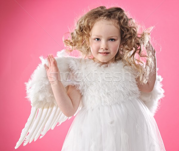 Foto stock: Hermosa · pequeño · ángel · nina · aislado · rosa