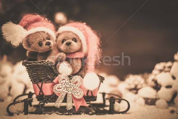 Stock photo: Small toy bears on a sleigh in christmas still life 