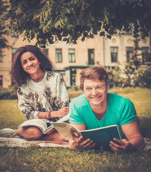 Stock photo: Multi ethnic students couple preparing for final exams in a city park 