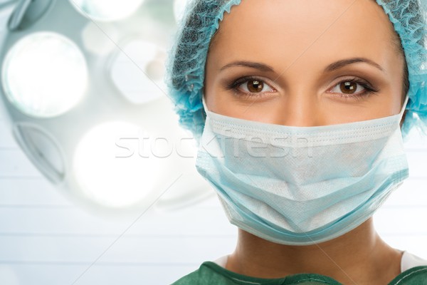 Stockfoto: Jonge · vrouw · arts · cap · gezicht · masker · chirurgie
