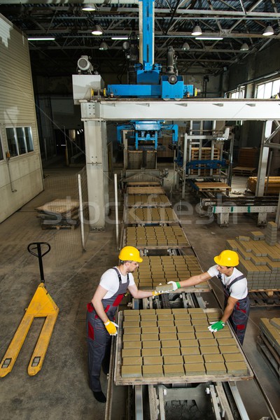 Worker and foreman in a safety hats performing quality check on a factory   Stock photo © Nejron