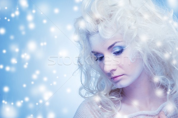 Foto stock: Pensando · neve · rainha · menina · inverno · azul