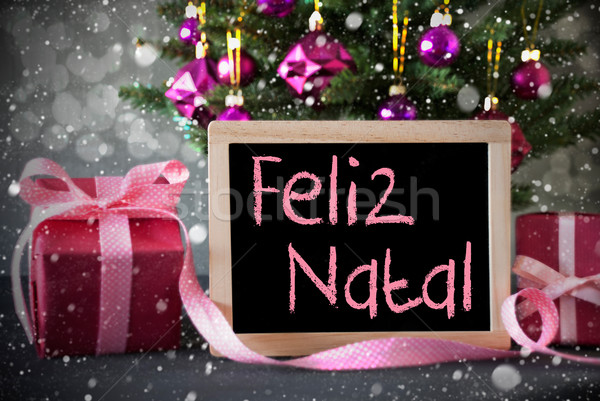 Tree With Gifts, Snowflakes, Bokeh, Feliz Natal Means Merry Chri Stock photo © Nelosa