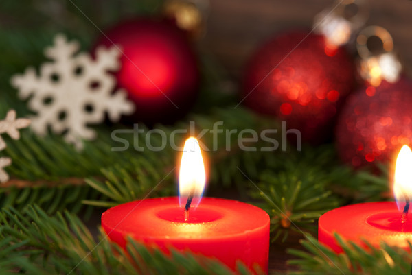 Foto stock: Vela · natal · decoração · vermelho · ardente