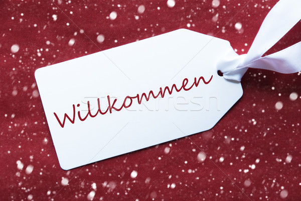 Label On Red Background, Snowflakes, Willkommen Means Welcome Stock photo © Nelosa