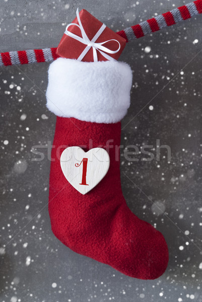 Vertical Nicholas Boot With Gift, Cement Background, First Advent, Snowflakes Stock photo © Nelosa