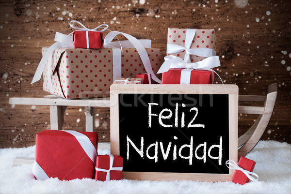 Sleigh With Gifts, Snow, Snowflakes, Feliz Navidad Means Merry C Stock photo © Nelosa