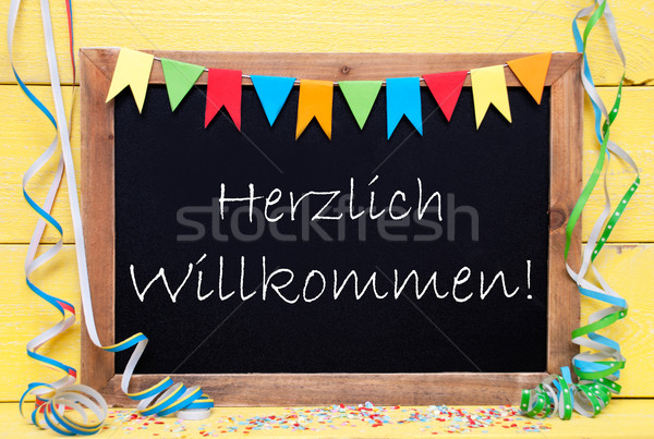 Chalkboard With Party Decoration, Text Herzlich Willkommen Means Welcome Stock photo © Nelosa