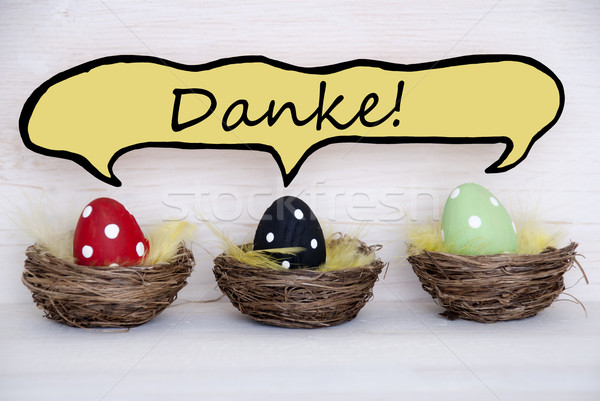 Foto d'archivio: Tre · colorato · easter · eggs · fumetto · grazie