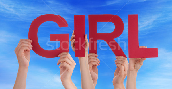 Many People Hands Holding Red Straight Word Girl Blue Sky Stock photo © Nelosa